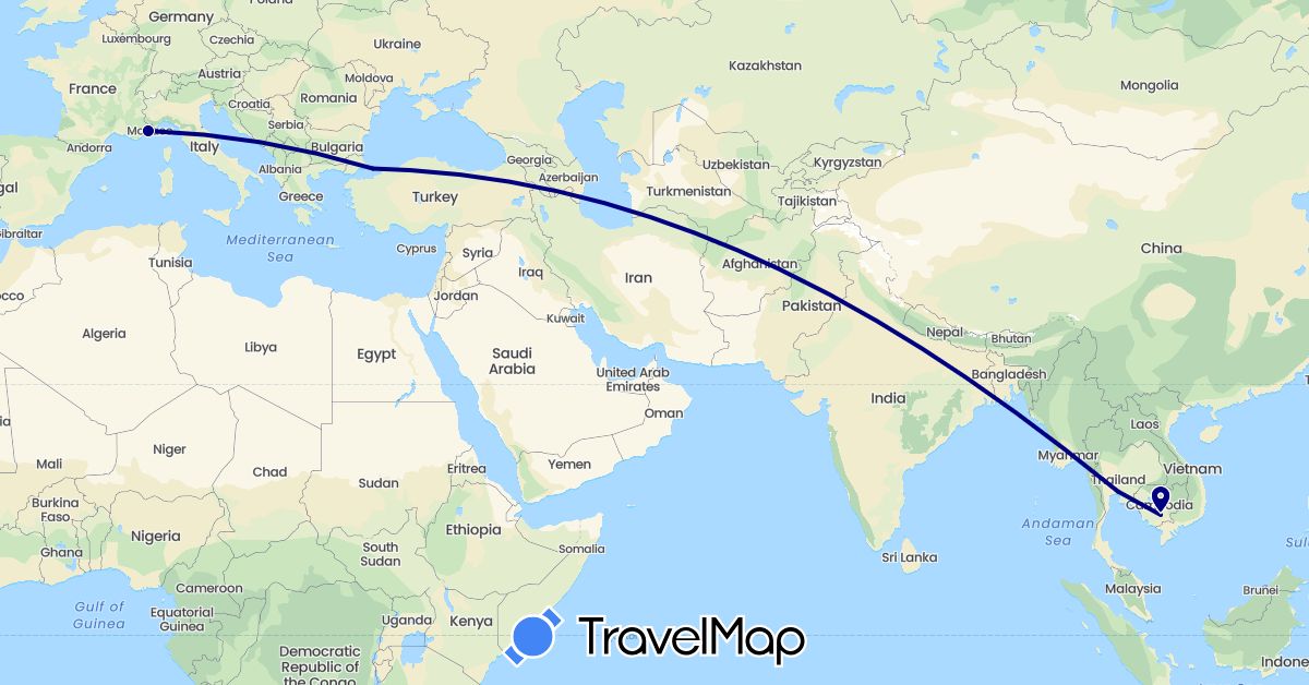 TravelMap itinerary: driving in France, Cambodia, Thailand, Turkey (Asia, Europe)